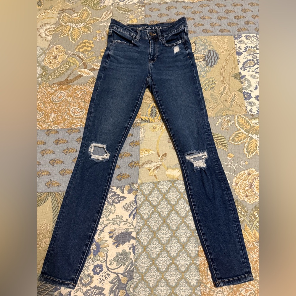 American Eagle Outfitters Dark Blue Ripped Hi-Rise Jeggings